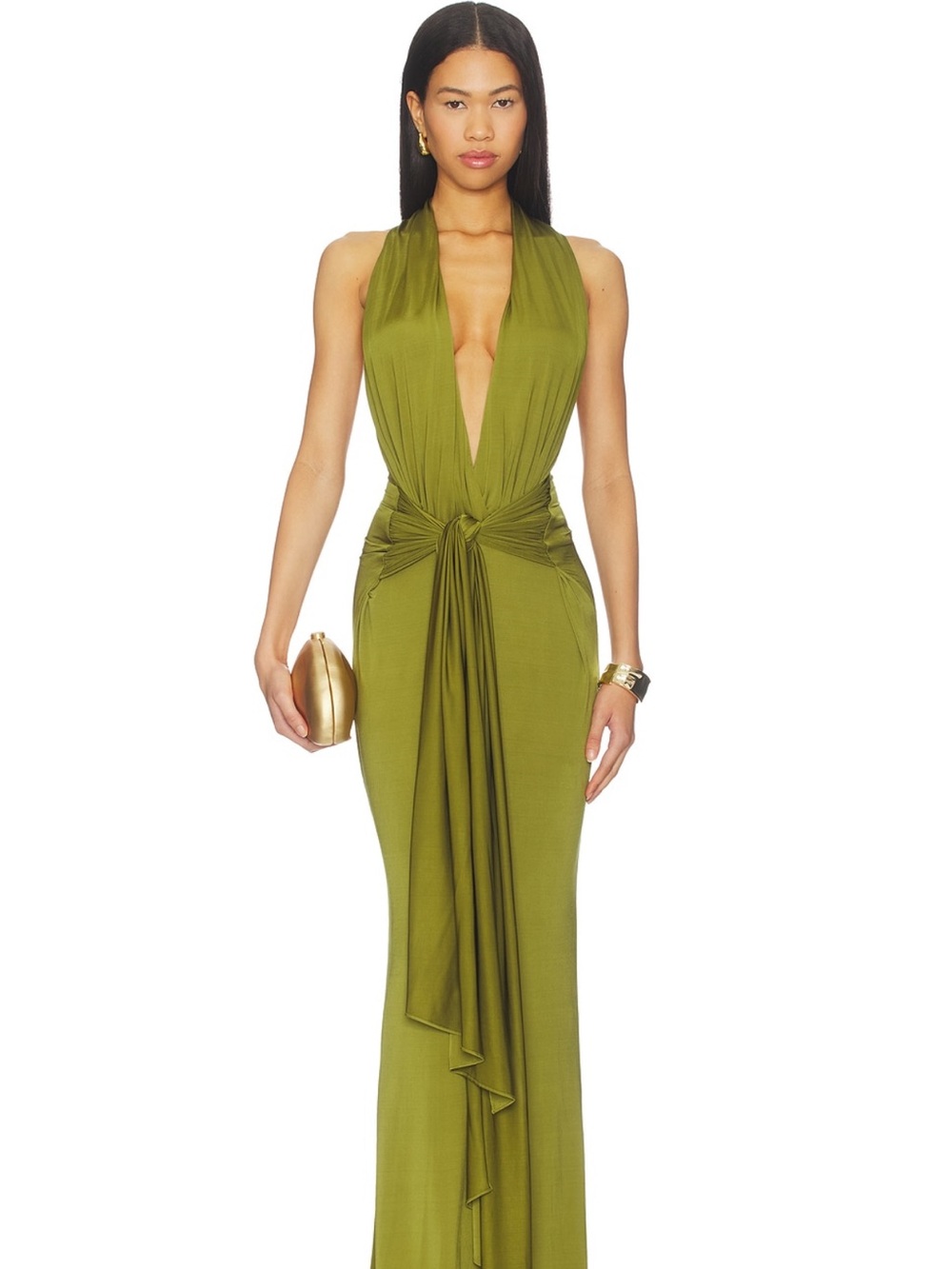 Lovers + Friends Olive Green Halter Plunge Maxi Dress “Coralie”